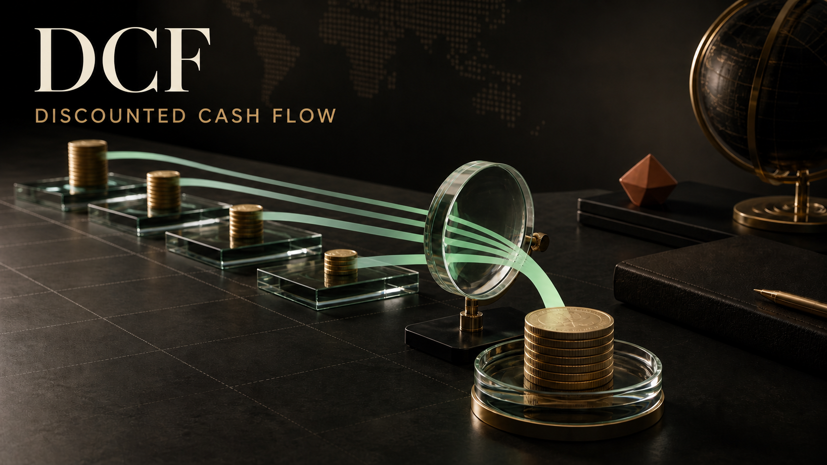 Future cash flows converging into present value beneath the title DCF